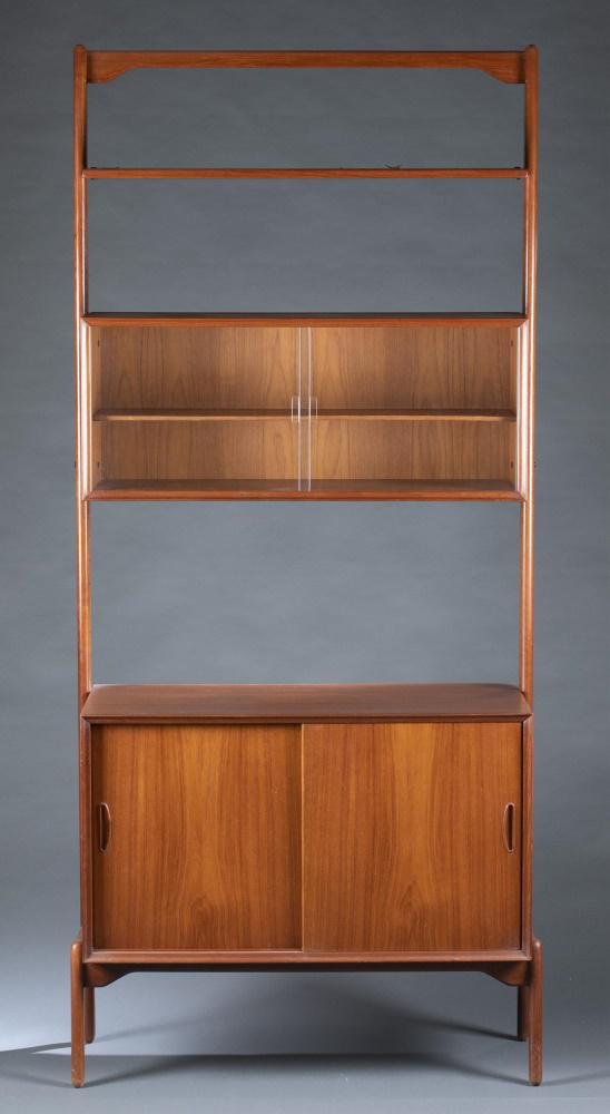 Erik Buch style, "V system" wall unit.: An Erik Buch (Danish, 1923-1982) style "V System" freestanding wall unit. Mid 20th century. Teak and glass. One shelf, one glass slide door cabinet, and one slide door cabinet Marked "Made in Denmark.