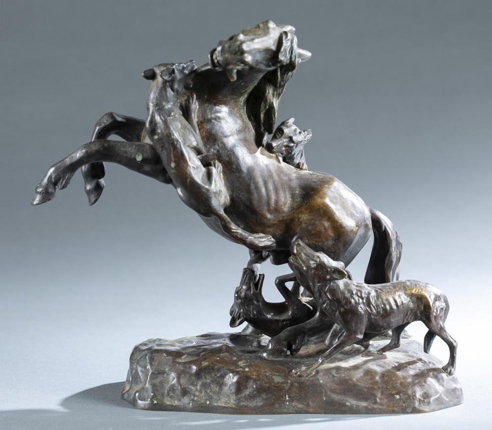 Friedrich Gornik, bronze of horse being attacked.: Gornik, Friedrich (Austria, 1877-1943). Bronze group of horse being attacked by 3 wolves. Early 20th century. Signed in casting "F. Gornik," with foundry mark "AR" on side, and stamped "REAL VIENNA BR