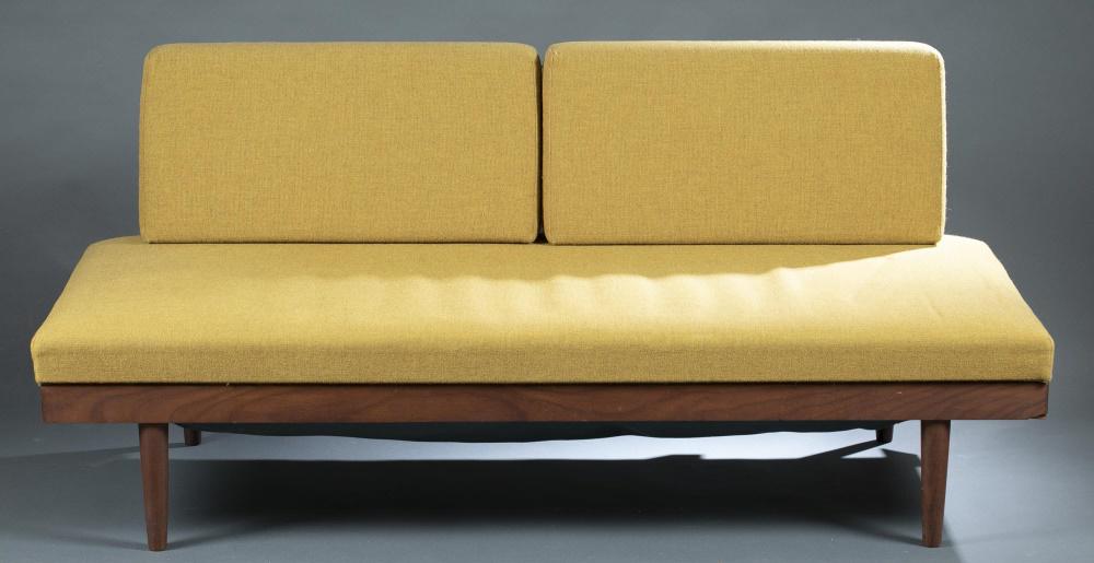 Gustav Bahus style daybed with wings, Norway.: An Edvard Kindt Larsen (Danish, 1901-1982) for Gustav Bahus style daybed with wings. Norway. 1960's. Sofa with light green upholstery on teak frame with two pull out side tables and rounded legs, seat