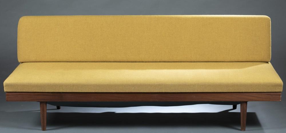 Gustav Bahus style daybed, Norway.: An Edvard Kindt Larsen (Danish, 1901-1982) for Gustav Bahus style daybed. Norway. 1960's. Sofa with light green upholstery on teak frame and rounded legs, seat on hinge over canvas base, single cushio