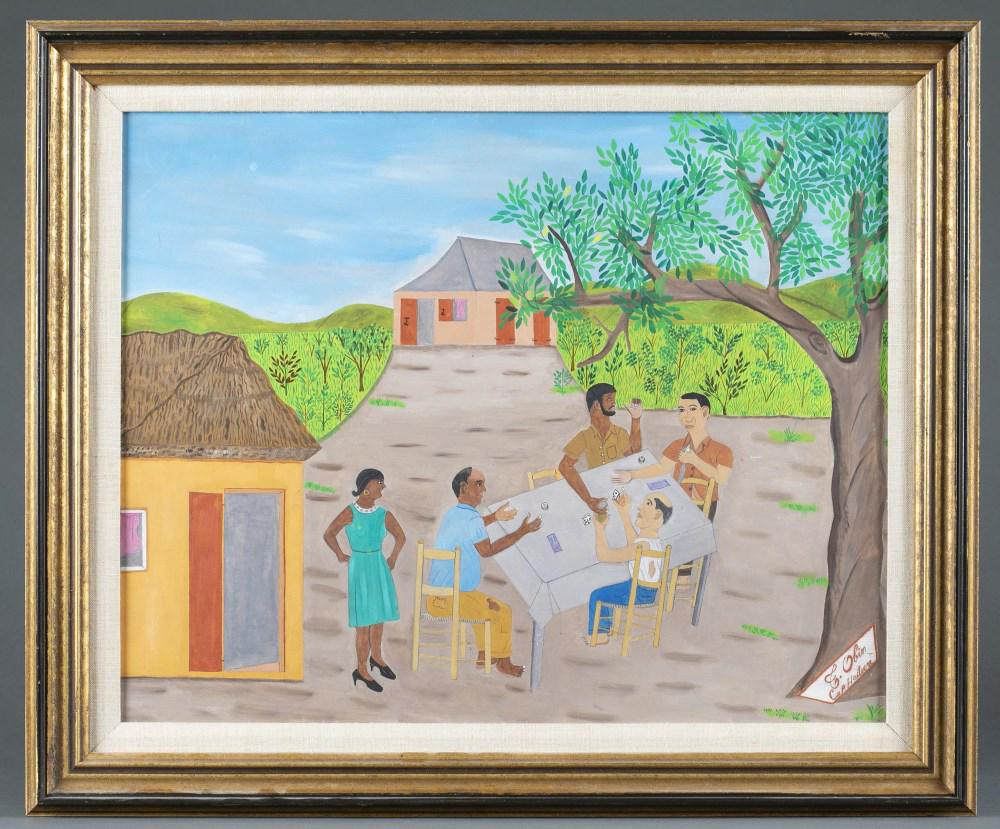 Telemaque Obin, Dicing, 20th c., O/B.: Obin, Telemaque (Hatian, b.1913). Untitled, depicting four men dicing as a woman looks on in a verdant Hatian landscape. Mid to late 20th century. Oil on board. Signedand marked "Cap Hatian." l.r. 15 