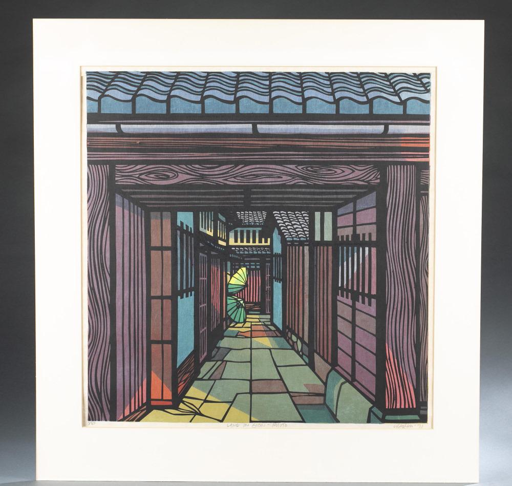 Japanese woodblock print, Clifton Karhu, 1971.: A Japanese woodblock print. Karhu, Clifton (1927-2007). "Lane in Gion (Imoto)." 1971. 5/80. Numbered, titled, signed, and dated in pencil along bottom. Approx 24" x 24"._x000D_ Condition: Loose print.