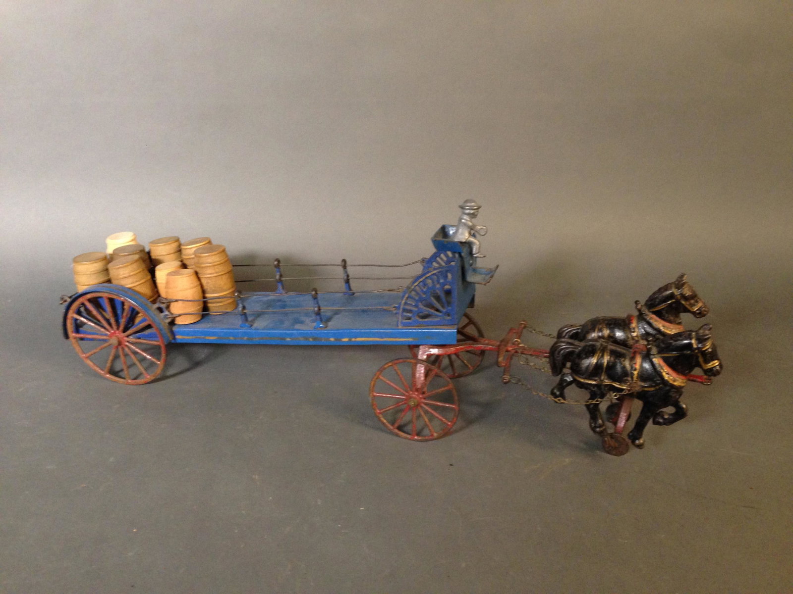 Wilkins Cast Iron Two Horse Drawn Dray Cart: Wilkins Cast Iron Two Horse Drawn Dray Cart ++ 22" x 7" x 5"_x000D_ Condition: Wear and loss of paint consistent with age.