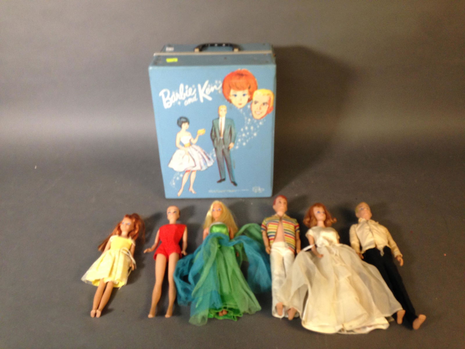 Five 1960s Barbie & Other Dolls with Accessories: Five 1960s Barbie & Other Dolls with Accessories with Vintage Barbie & Ken Carrying Case ++ 1964 Allen doll, 1962 - 1965 Ken Doll, 1960s Fashion Queen Barbie, 1960s Mattel Skipper, 1960s Straight Leg