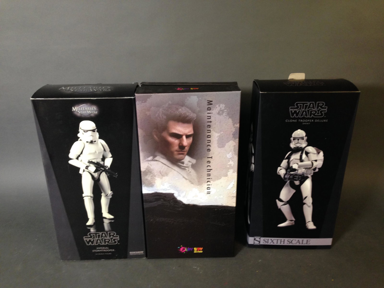 Two Star Wars Sideshow & One Play Toy 1:6 Figures: Two Star Wars Sideshow & One Play Toy 1:6 Figures ++ Sideshow Clone Trooper Deluxe & Imperial Storm Trooper box with New Order Stormtrooper ++ Play toy Maintenance Technician_x000D_ Condition: All inc