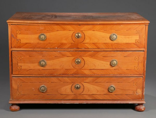 Inlaid walnut three-drawer chest on bun feet