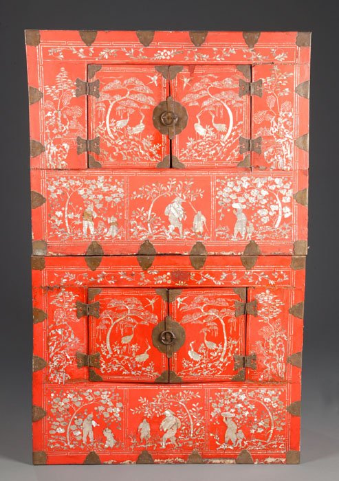 Pair of red Chinese mother of pearl inlaid chests