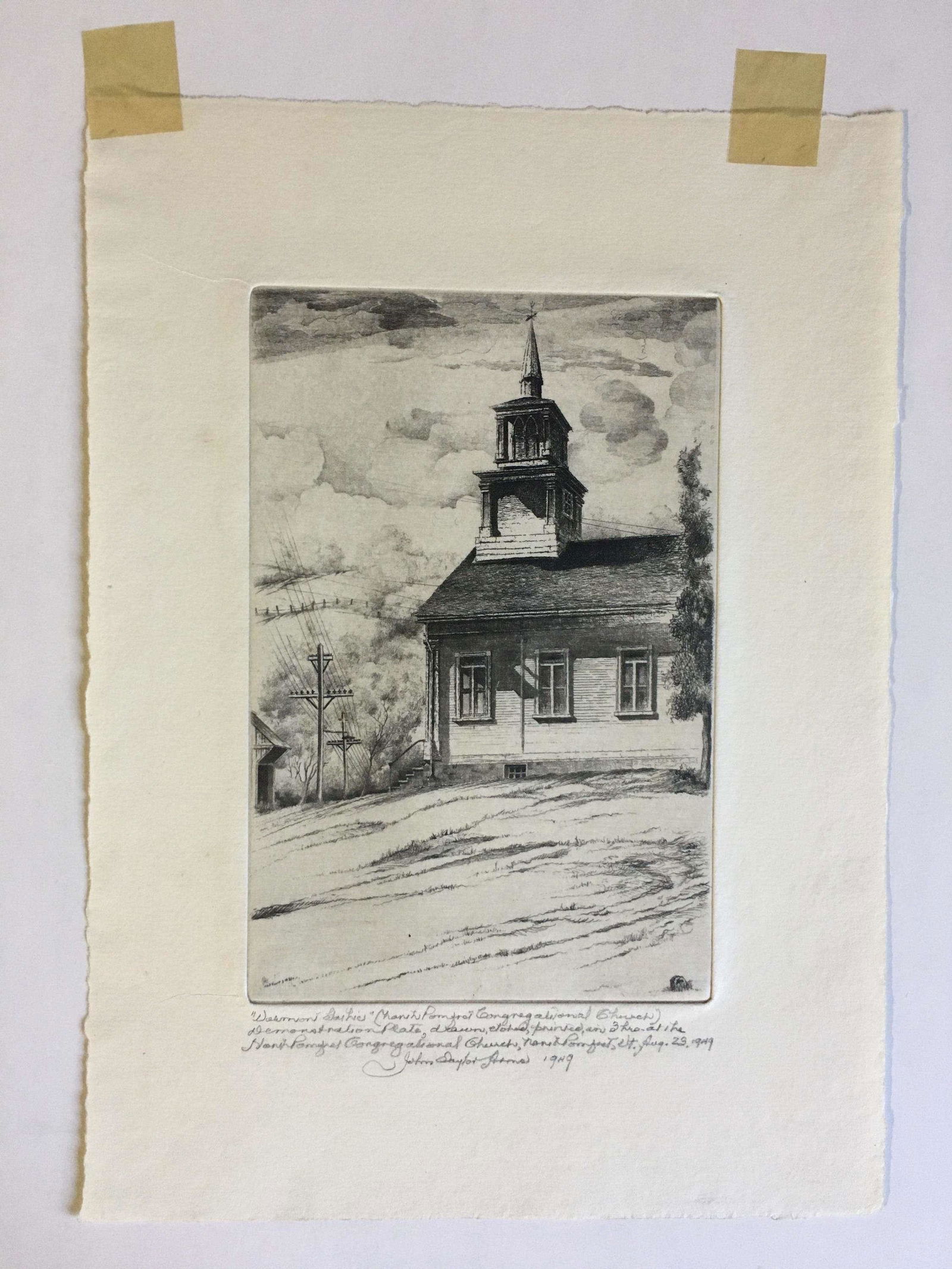 John Taylor Arms. "Demonstration Plate," inscribed: John Taylor Arms (Am., 1887-1953). Demonstration Plate. Lower margin signed and inscribed " 'Vermont Gothic' (North Pomfret Congregational Church) Demonstration Plate, drawn, etched, printed, and Thro