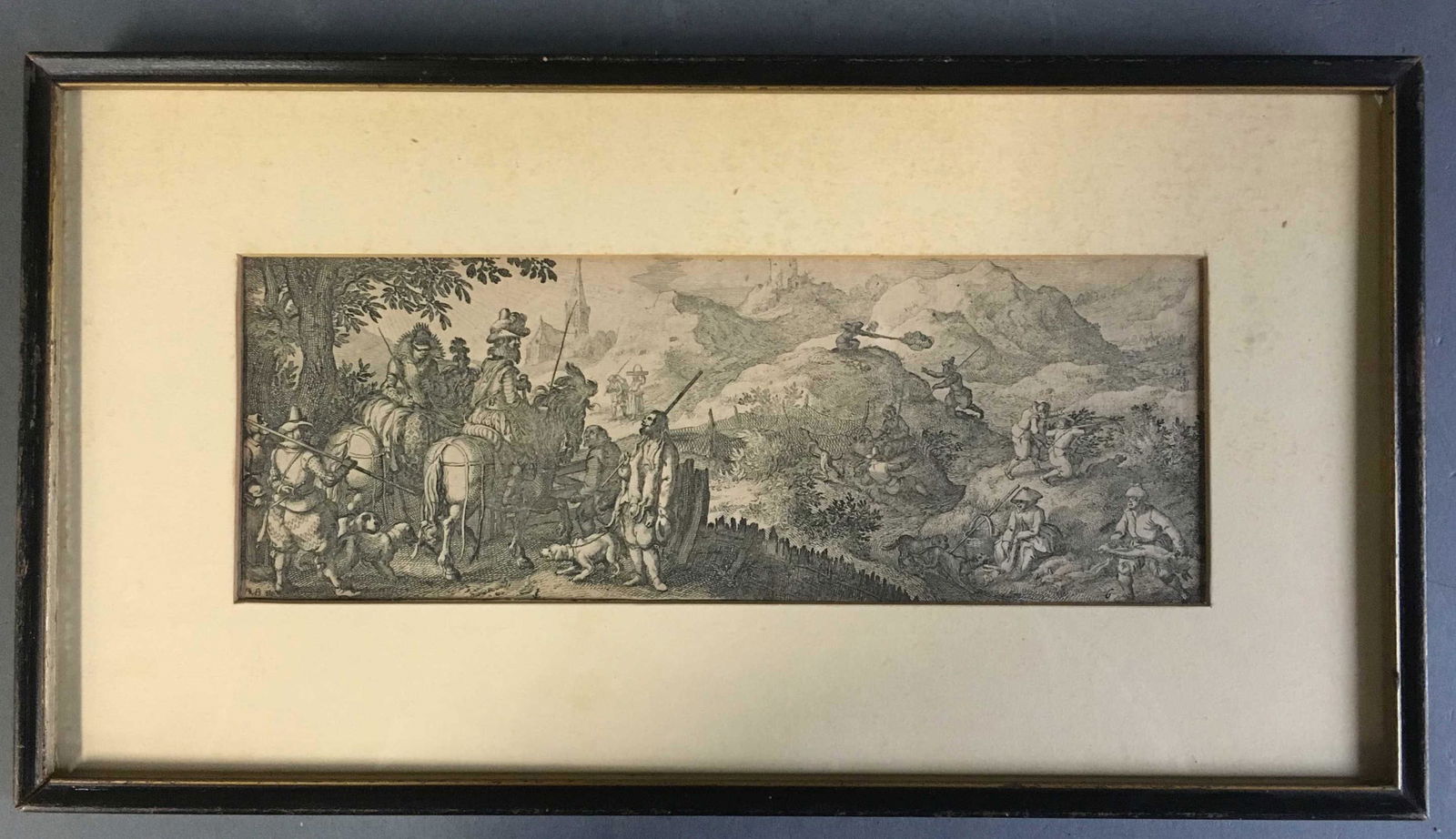 David Vinckboons (1578-1629, after). 2 engravings.: 2 engravings by Pieter Serwouters (1586-1657) after David Vinckboons (1578-1629). Sight size: 3 7/8" x 10 1/4". Frames: 8" x 14 1/2".