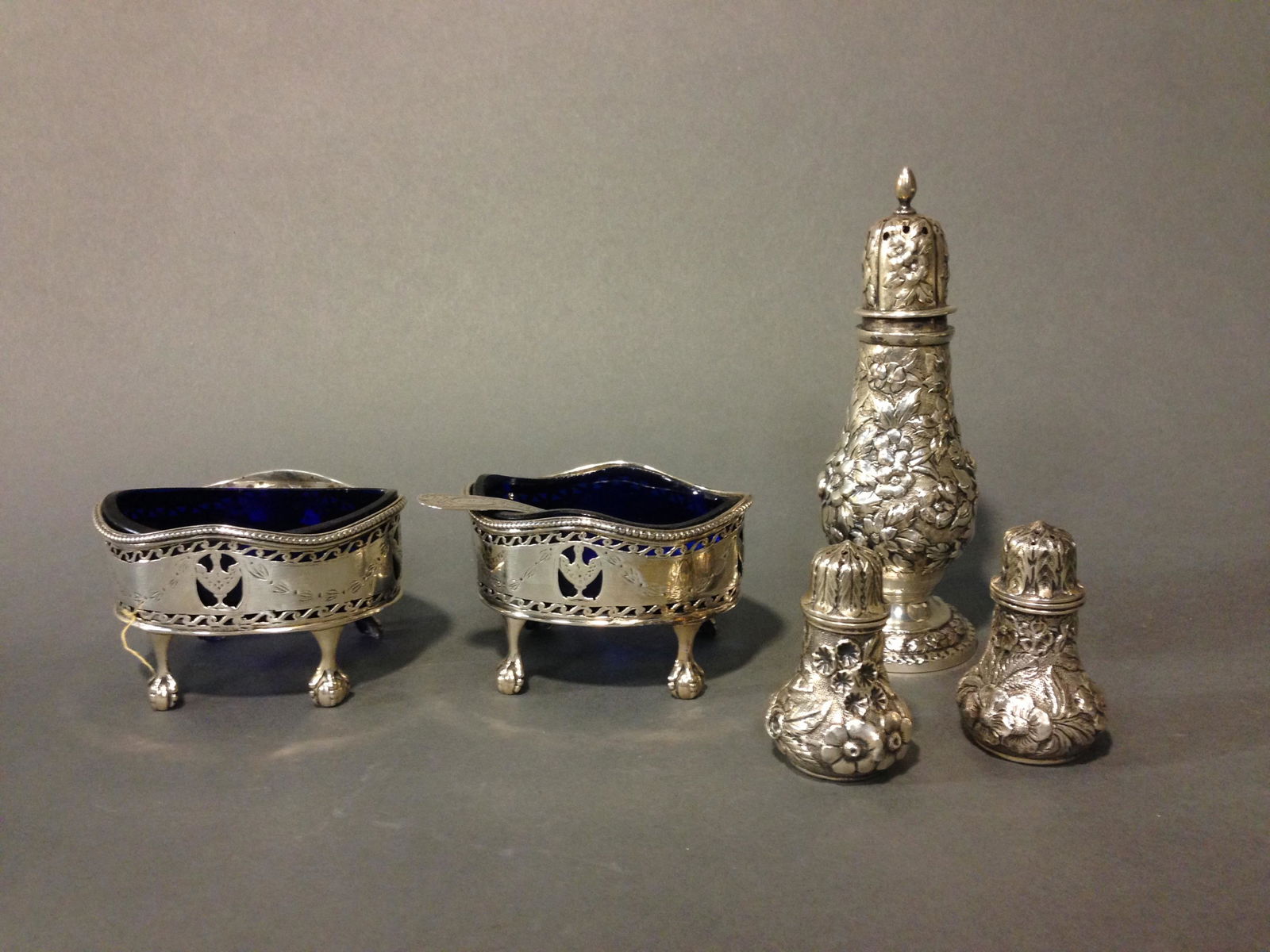 Five Silver Salt Shakers & Cellars, Inc. Repousse: Five Sterling Silver Salt Shakers & Cellars ++ Two Sterling Jenkins & Jenkins Inc., Baltimore repousse salt shaker ++ A.E. Warner coin silver shaker ++ Pair of John Booth, London 1820 English sterling