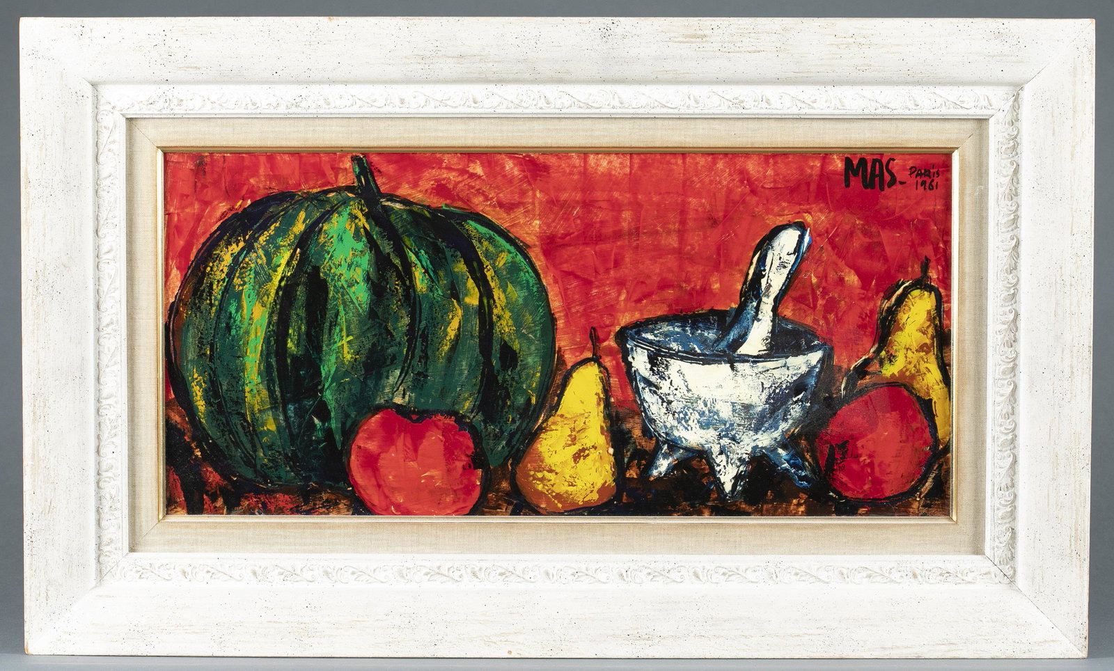 Pierre Mas, Vegetable Still Life, 1961: Mas, Pierre (French, b.1933). Untitled vegetable still life. 1961. Acrylic on Board. Signed and dated u.r. 12 1/4" x 23 3/4". Frame: 17 1/4" x 28 1/2".