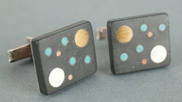 Two Los Castillo Onix Negro sterling silver t: Two Los Castillo Onix Negro sterling silver tie clips, ''034 P'' and ''023 P'' and 2 sets of sterling Los Castillo Onix Negro cufflinks, ''024 P'' and ''O2 A'', and Onix Negro tie tack, fish design.