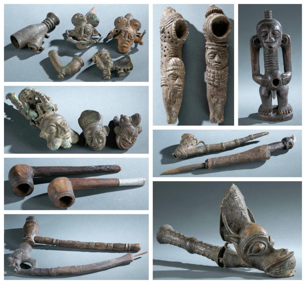 18 African Pipes. 20th c.: A group of eighteen African pipes. Stone, wood, and brass. West/Central Africa. 20th century. Largest: 21 1/2" x 7" x 2 1/4" Smallest: 2 7/8" 3/4" x 2 1/4" Condition: Wear to metal. Accretions and wea