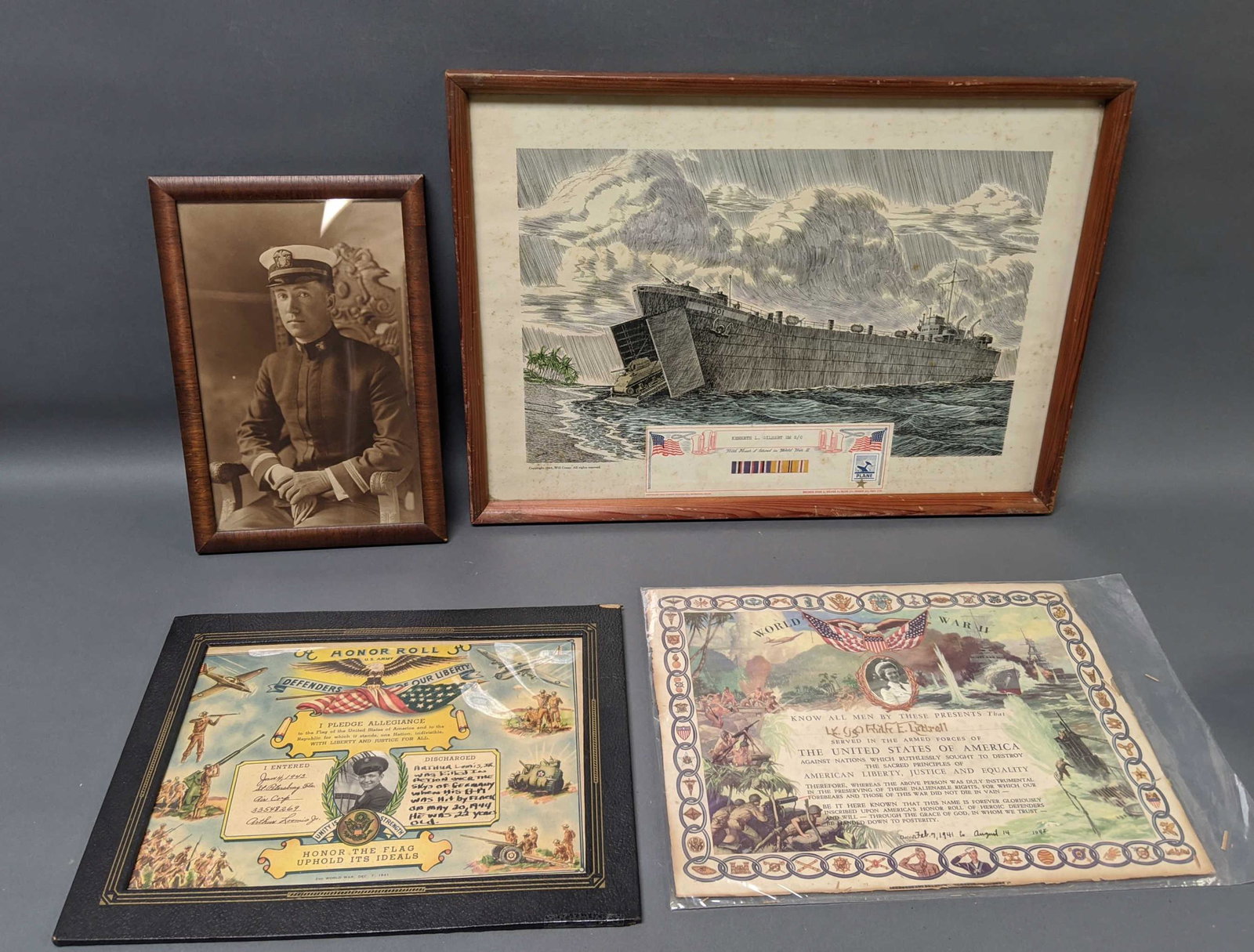 WWII. Group Of Framed Items And Certificates.: [Ephemera] Group of items relating to WWII veterans. Including: Kenneth L. Gilbert (339th Fighter, DFC w/4 Oak Leaf Clusters /Air Medal w/11 Oak Leaf Clusters, Croix de Guerre, Silver Star, PH and 2 P