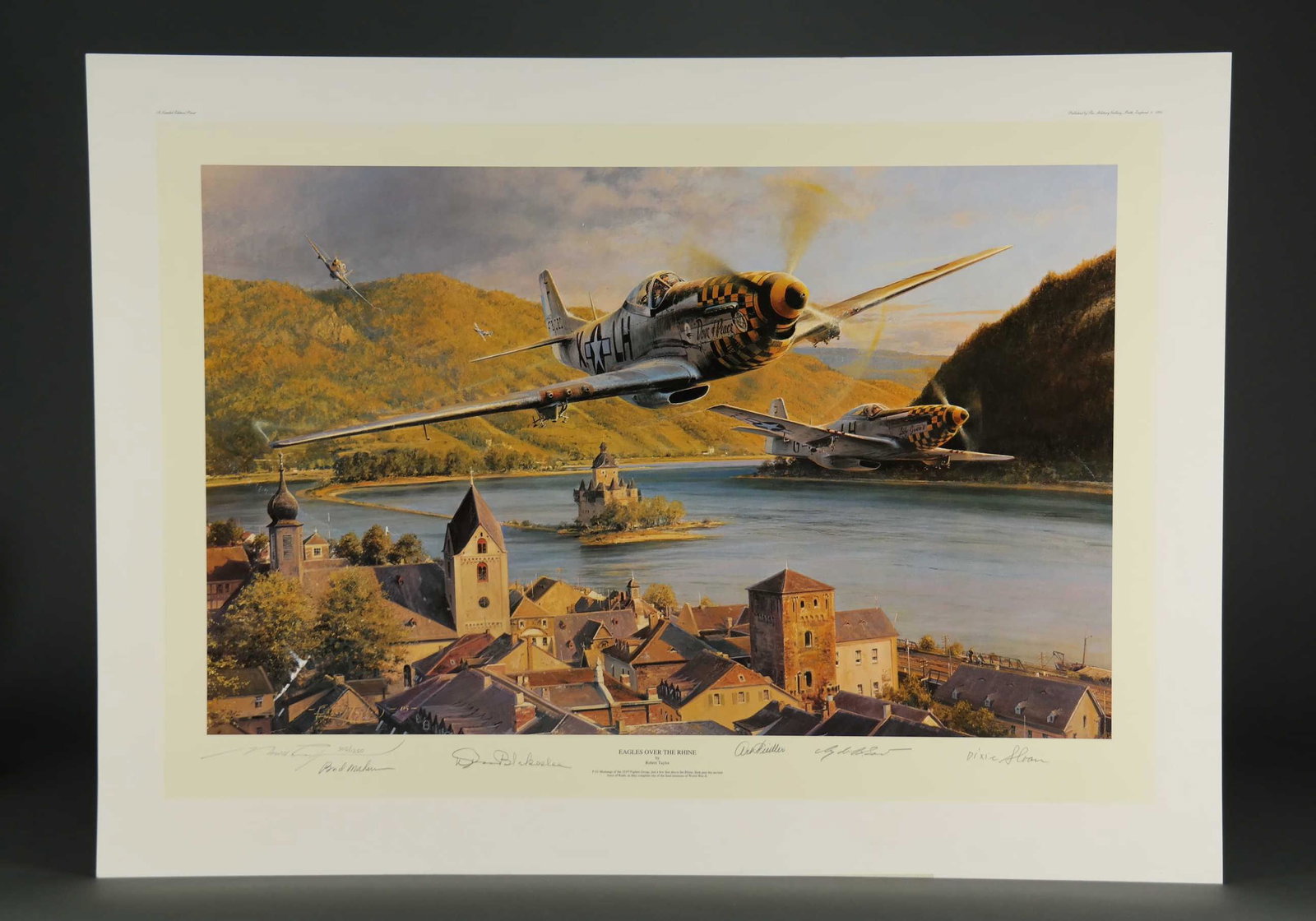 Taylor. Eagles Over The Rhine. Signed.: [Art] Taylor, Robert. 1995. Eagles over the Rhine. #305/1250. Signed by: Robert Taylor, Colonel Bud Mahurin, Colonel Don Blakeslee, Colonel Arthur C. Fielder, Lt. Colonel William J. 'Dixie' Sloan, and