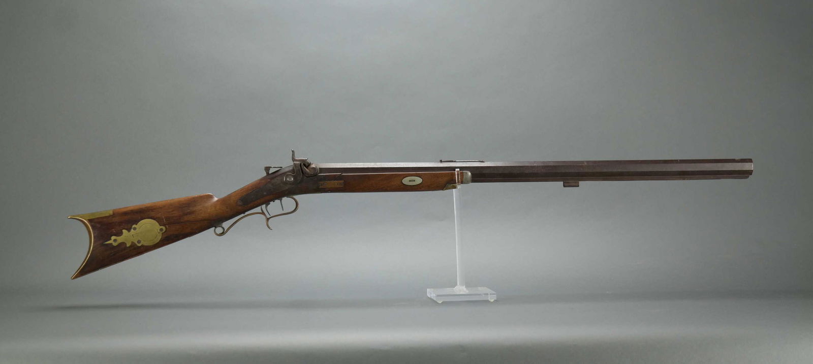 C. Stuart NY Half Stock Percussion Plains Rifle.: [Antique Firearms] Charles Stuart NY half stock percussion plains long rifle musket .40 cal. ++ Octagonal barrel marked "CHAS STUART BINGHAMTON N.Y." ++ Unmarked back action lock ++ Double set trigger