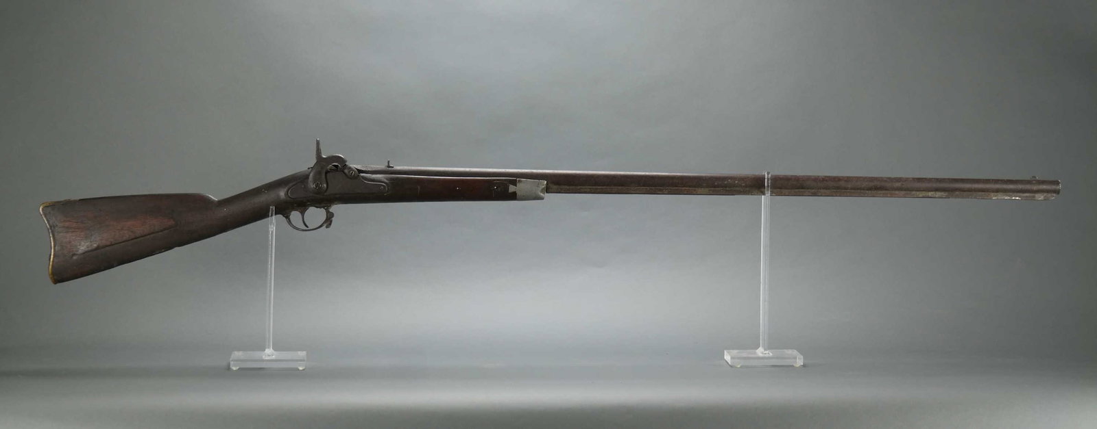U.S. M1861 Springfield Percussion Fowler Shotgun.: [Antique Firearms] U.S. Civil War Model 1861 Springfield half stock percussion fowler shotgun .58 cal ++ Stock ends at first barrel band and leaf rear sight replaced with iron sights ++ Marked "C.S.A.