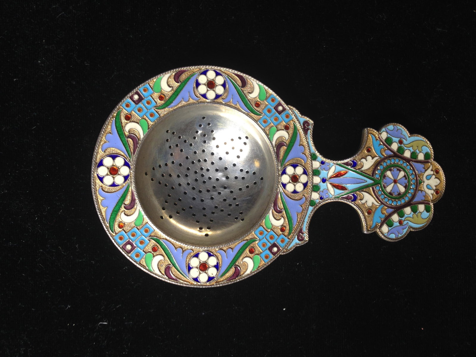 Imperial Russian Enamel .875 Silver Tea Strainer: 1908-1926 Imperial Russian Enamel .875 Silver Tea Strainer Marked 84 by Ivan Petrovich Khlebnikov, Moscow ++ Having Imperial Court Silversmith Imperial Cypher ++ 5" x 3" ++ 1.96 ozt._x000D_ Condition: