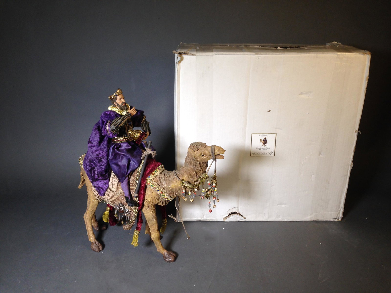 Large Dept. 56 King on Camel for Nativity Scene: Large Lenox Department 56 Composite Renaissance King on Camel for Nativity Scene Figure with Box ++ 18.5" tall & box 24" tall_x000D_ Condition: Box and Styrofoam packing material deteriorated