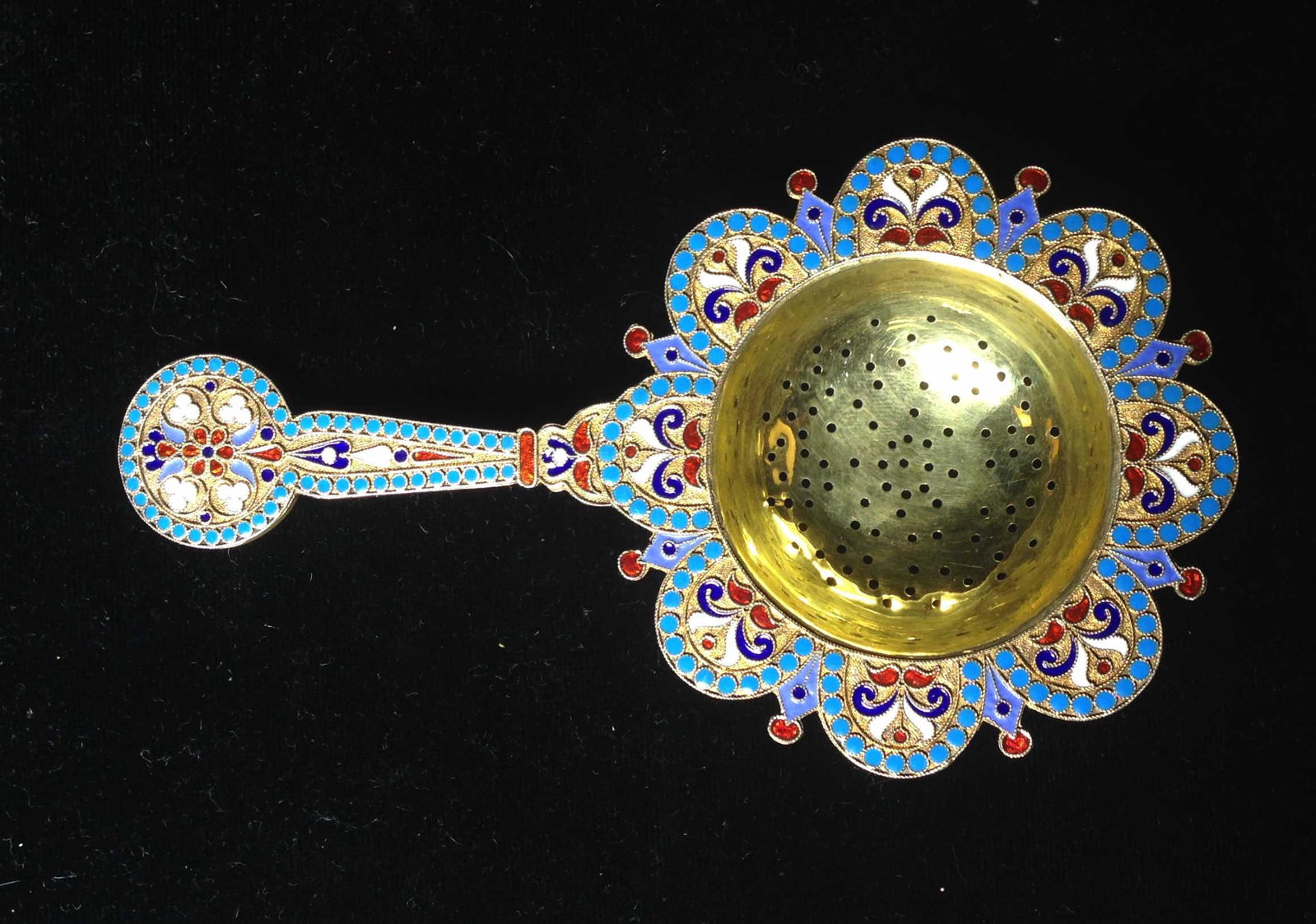 Imperial Russian Enamel .875 Silver Tea Strainer: 1894 Imperial Russian Enamel Gold Wash .875 Silver Marked 84 Tea Strainer ++ Moscow town mark, A.A. 1895 assay mark, & CK maker mark ++ 5.75" long & 3.5" across & 1.89 ozt._x000D_ Condition: Enamel in