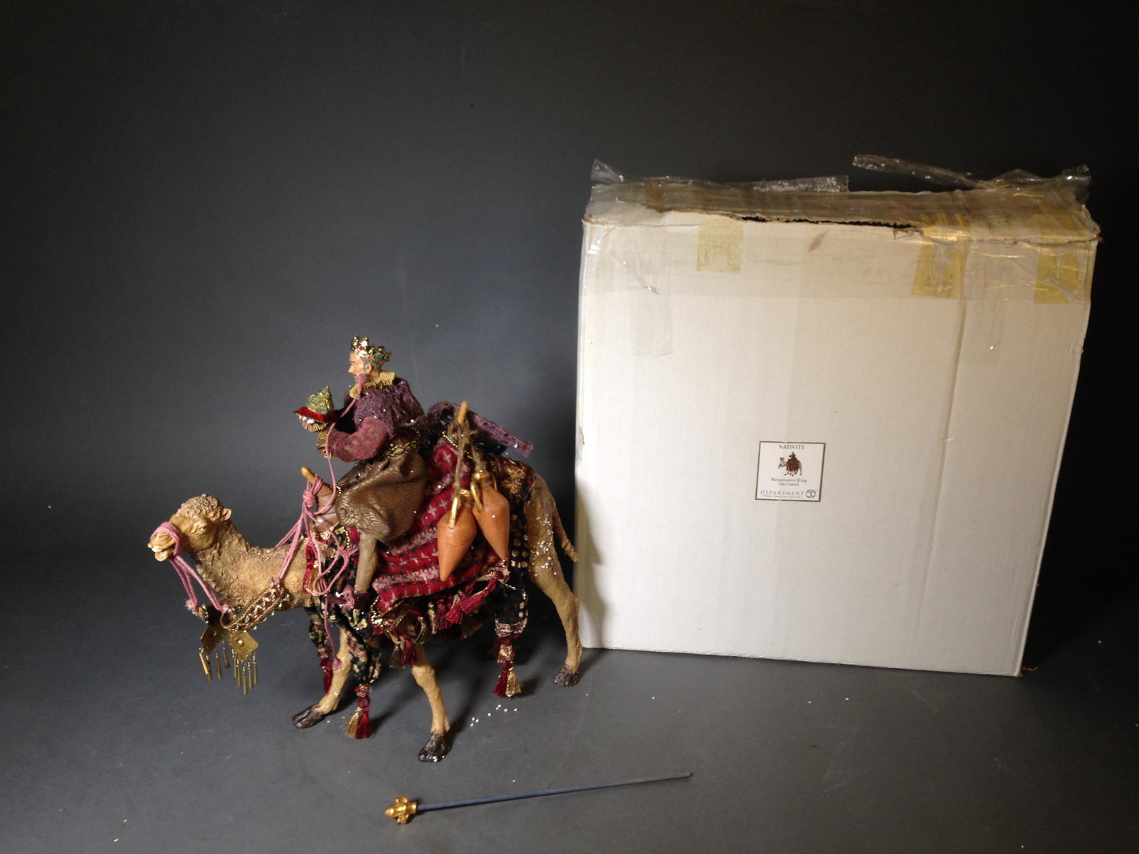 Large Dept. 56 King on Camel for Nativity Scene: Large Lenox Department 56 Composite Renaissance King on Camel for Nativity Scene Figure with Box ++ 18.5" tall & box 24" tall_x000D_ Condition: Box and Styrofoam packing material deteriorating