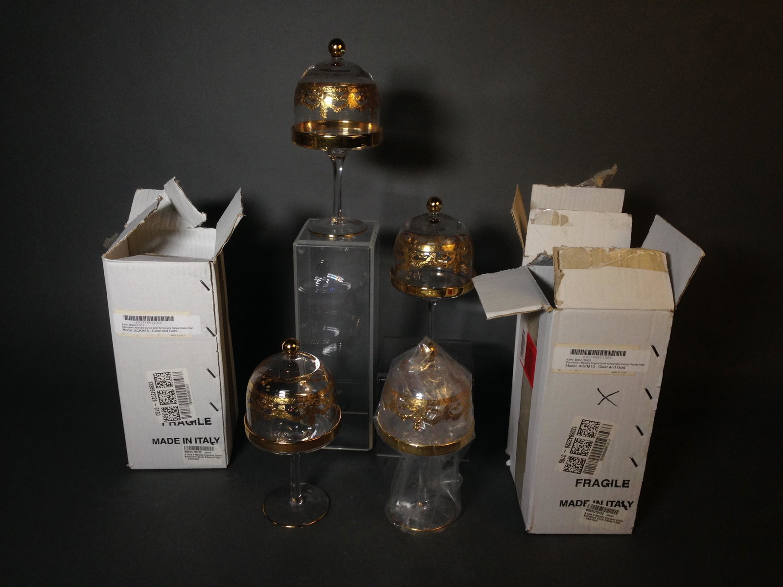 4 Italian Melodia Bonboniere Candy Displays: 4 Italian Melodia Bonboniere Clear and Gold Crystal Candy Displays ++ Three having boxes ++ 8.75" tall_x000D_ Condition: Like new unused condition.