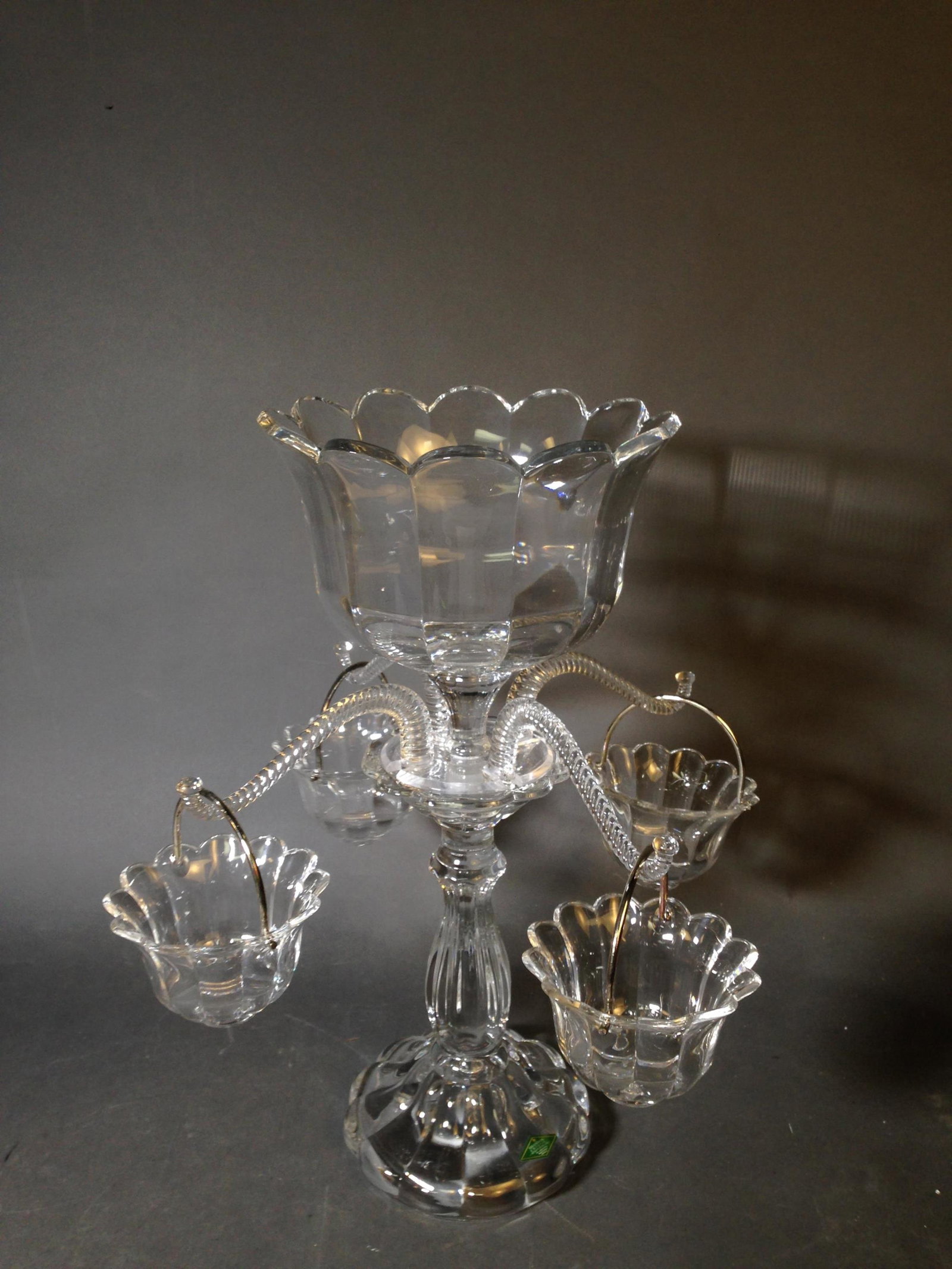Shannon Crystal for Godinger Four Arm Epergne: Shannon Crystal for Godinger Four Arm Epergne with Box ++ 18" tall_x000D_ Condition: Like new condition. Box had been previously opened and assembled.