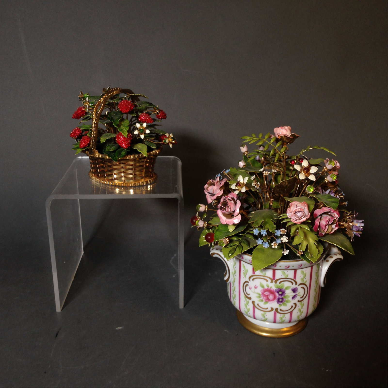 Two Jane Hutcheson Metal Floral Arrangements: Two Jane Hutcheson Metal Floral Arrangements ++ One dated 1976 and the other in porcelain vase made for Gorham ++ 5" x 4" & 6.5" x
