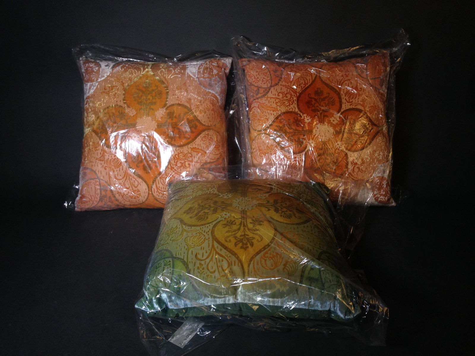 Three Charles O'Brien Studio Velvet Throw Pillows: Three Charles O'Brien, Philadelphia Studio Velvet Azalea Pattern Throw Pillows ++ 15" square_x000D_ Condition: New condition in packaging