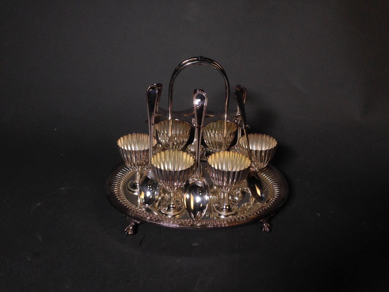 1870s Cooper Bros Silverplate Egg Cruet: 1870s Cooper Bros Silverplate Egg Cruet ++ Including six cups and spoons ++ 7.5" tall, cups 2.5", & spoons 5.5"