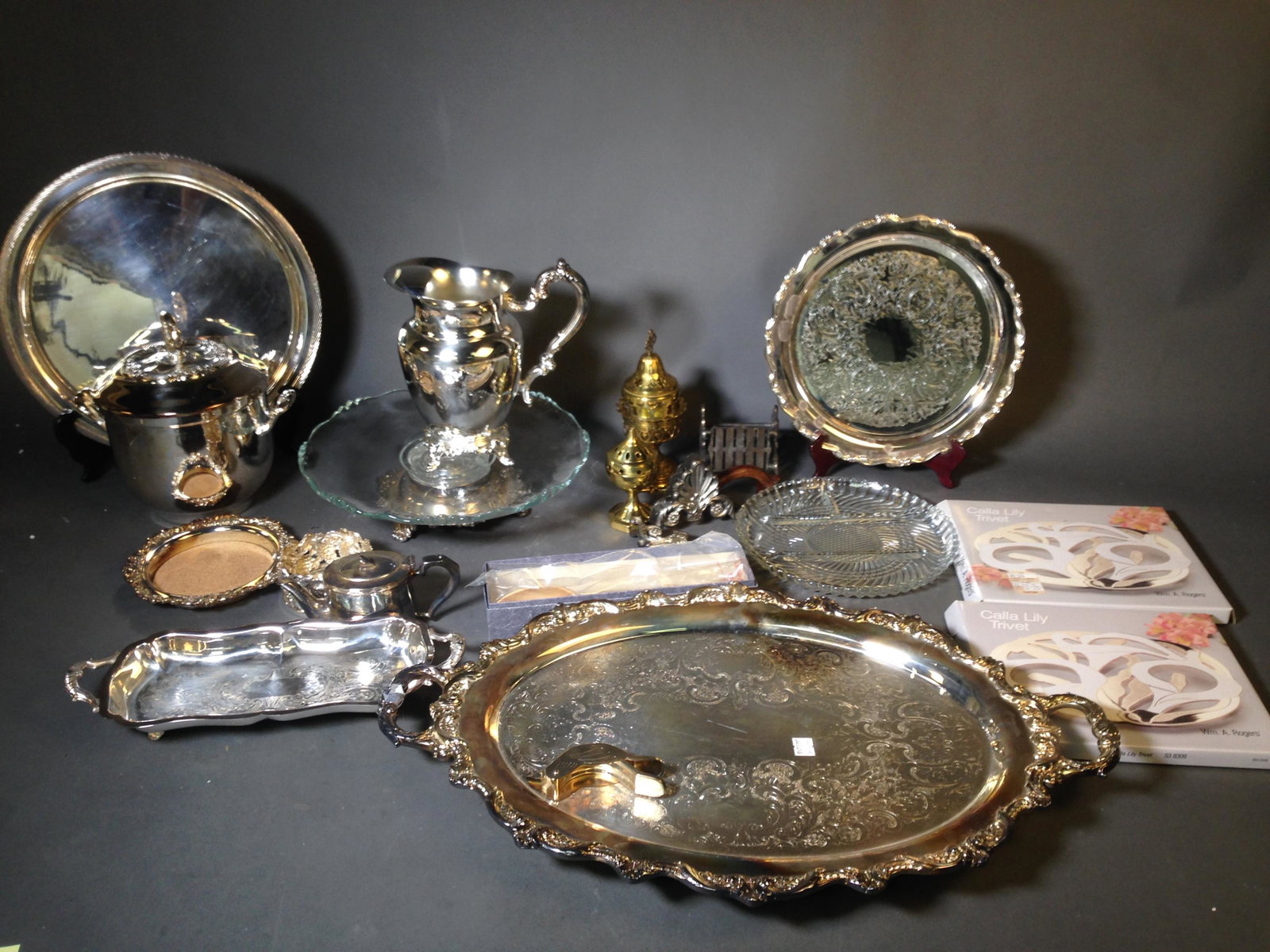 Large Group of Silverplate and Brass: Large Group of Silverplate and Brass ++ Including large tray 24" long and pitcher 9" long