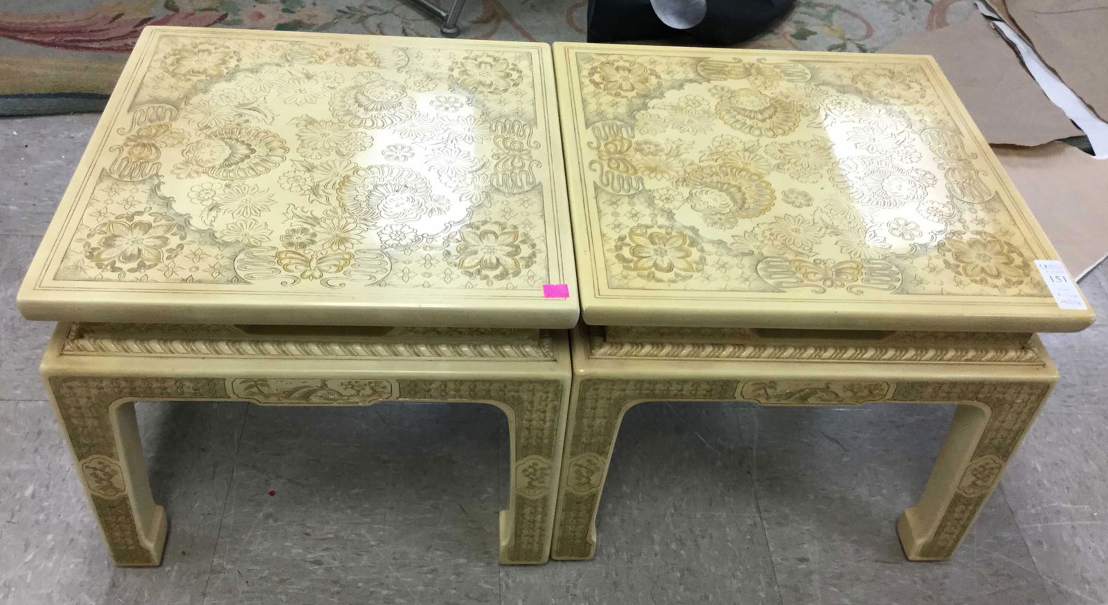 2 John Widdicomb chinoiserie side tables: Two John Widdicomb chinoiserie sides tables. Marked on bottom. Measuring: 15" x 18" x 18"