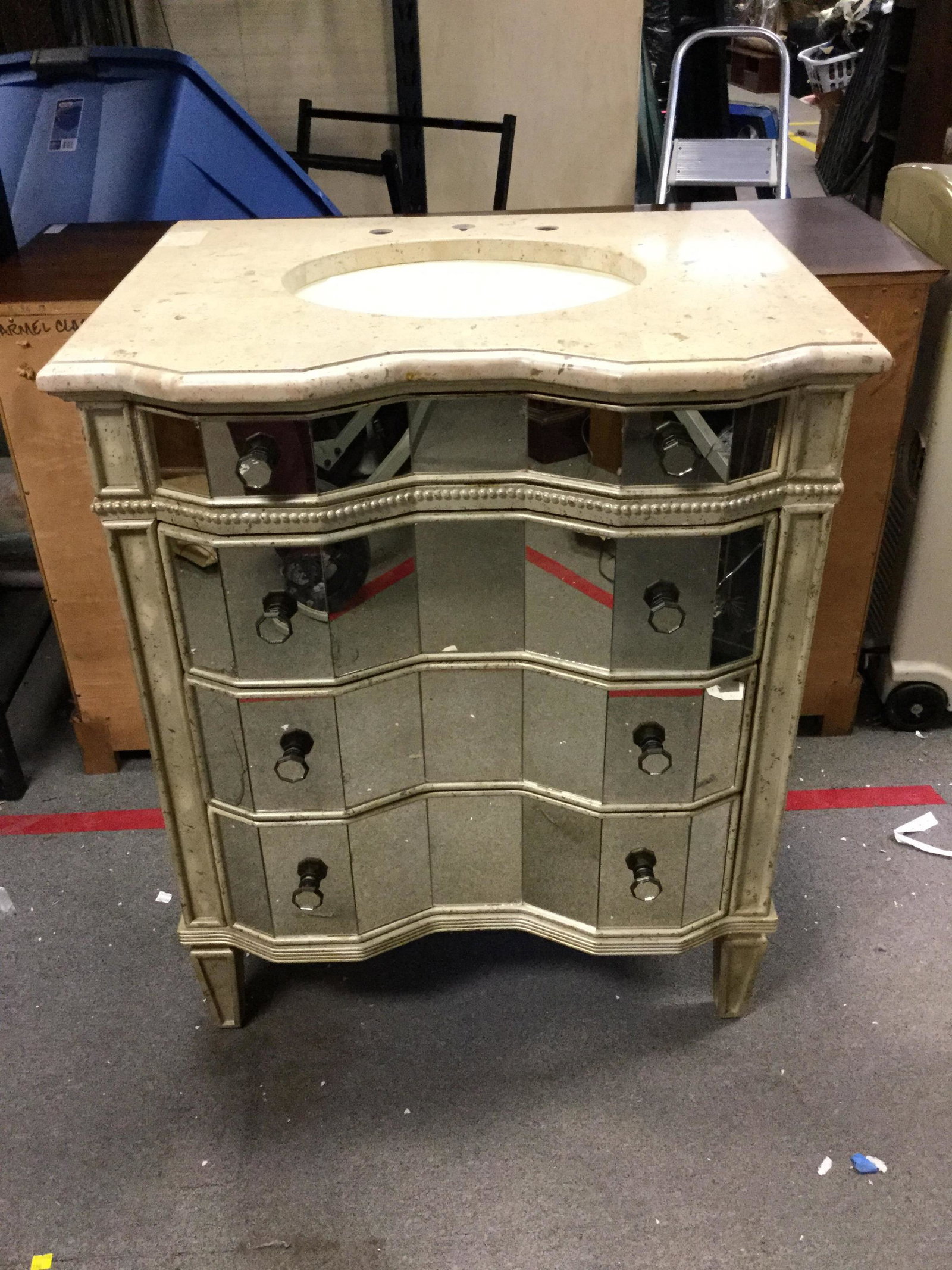 Hooker Furniture, bathroom vanity: A Hooker Furniture "Preston Ridge" mirrored bathroom vanity cabinet. Vanity top sink on marble top over four drawers. Marked on drawer. Measuring: 36" x 30" x 20.5"