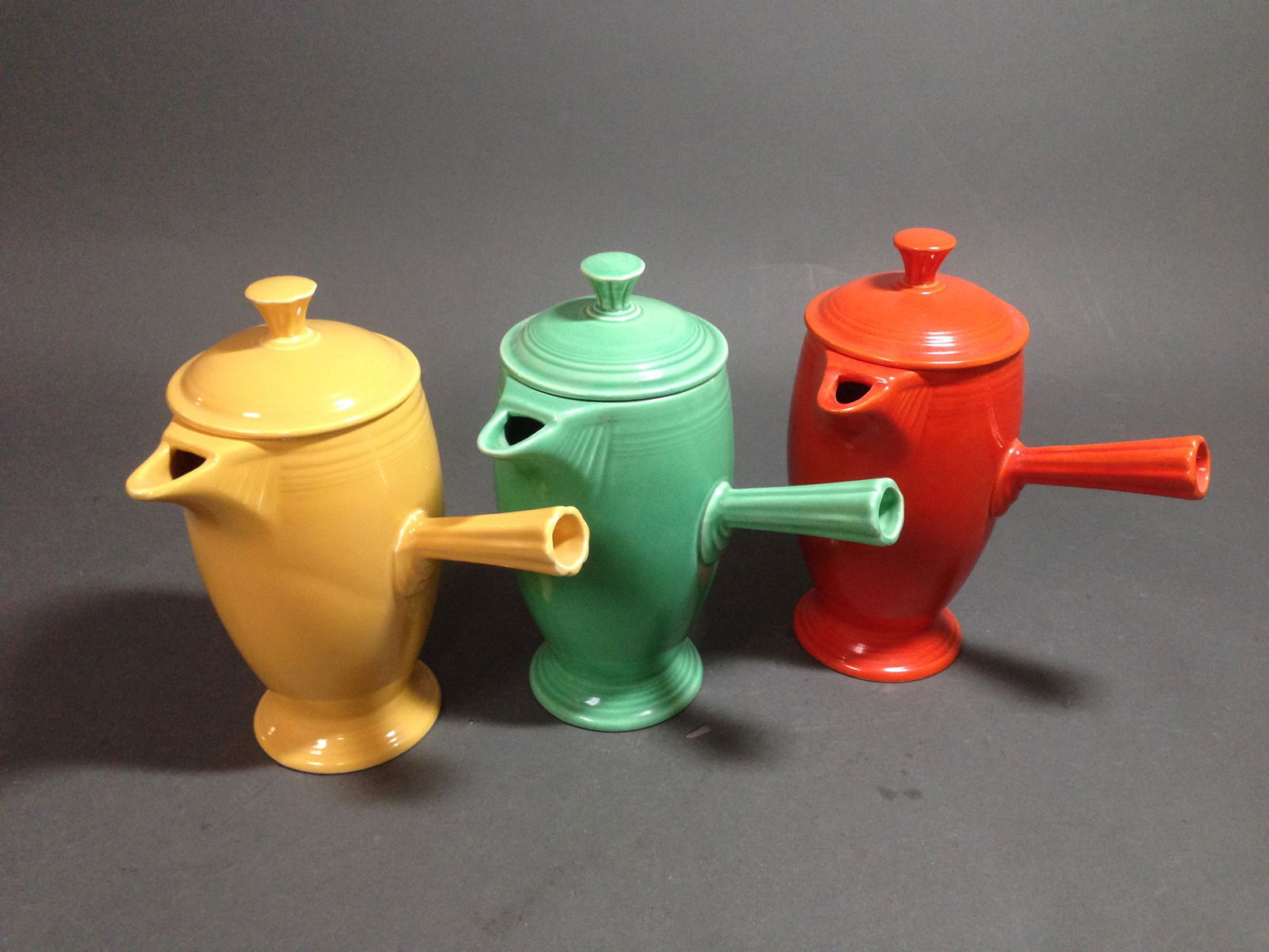 3 Homer Laughlin Fiestaware Demitasse Coffee Pots: 3 Homer Laughlin Fiestaware Demitasse Coffee Pots, Circa 1937-1942 ++ 8" tall