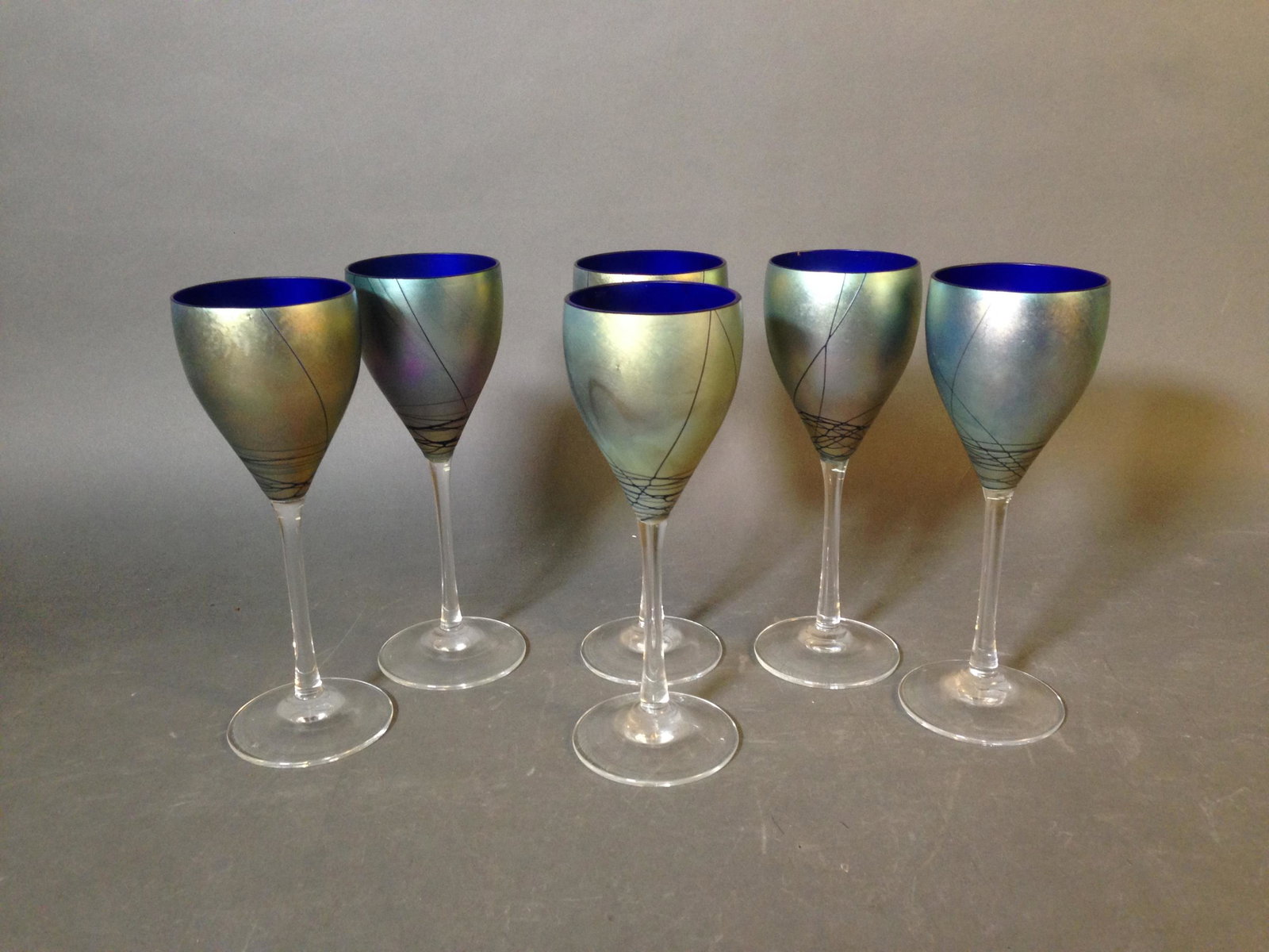 6 Steven Maslach Iridescent Bowl Art Wine Glasses: Six Steven Maslach Iridescent Bowl Art Wine Glasses ++ 8.25" tall