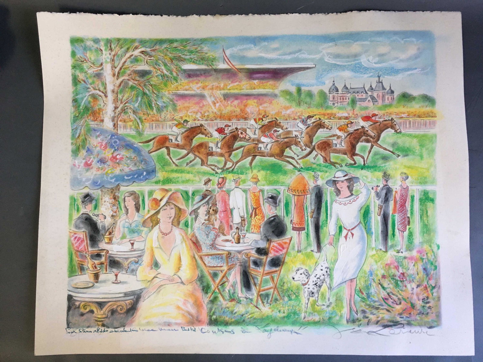 Jean Larousse. Course at Longchamps.: Jean Larousse. Course at Longchamps. Color lithograph. Pencil signed l.r. Notation in blue is in another hand. Image: 19 3/4" x 24 3/4". Sheet: 23" x 29".