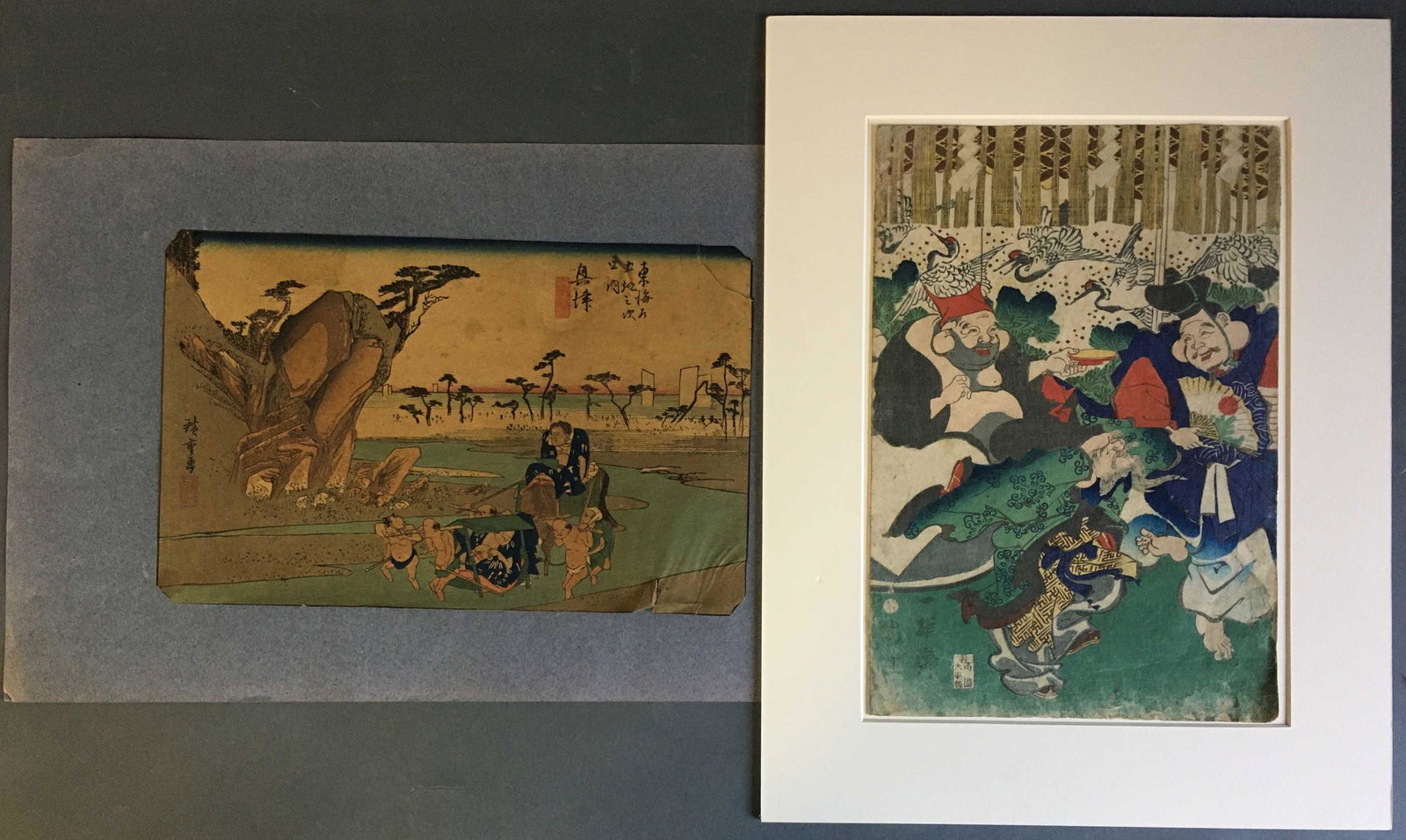 2 Japanese color woodblocks.: 2 Japanese color woodblocks. ++ One shows a man being carried in a sedan chair. Sheet 8 1/2" x 13 1/4". Corners clipped, 2 tears. Corners of verso tipped to recent gray paper. ++ The other shows two m