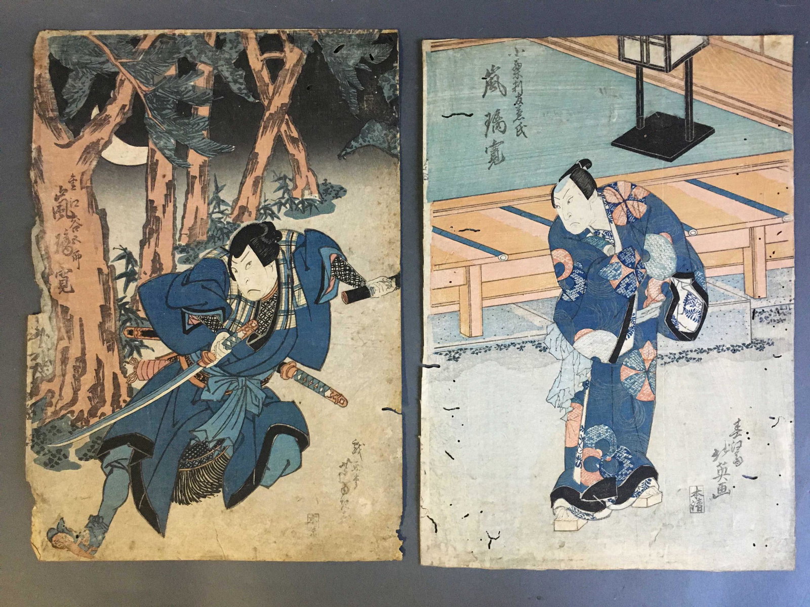 2 Japanese color woodblocks.: 2 Japanese color woodblocks: Shunbaisai Hokuei. Woodblock of actor Arashi Rikan as Oguri Hankan Kaneuji. Originally carved ca. 1833-1834. + Woodblock of a man wielding a katana. Both sheets 15 1/4" x 
