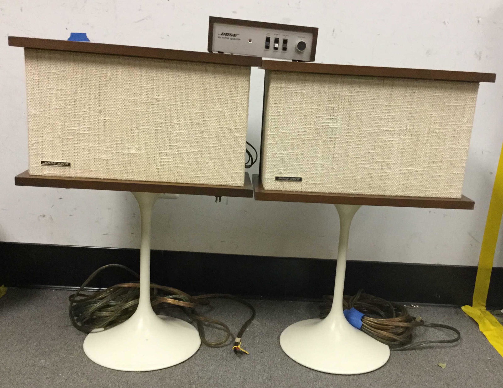 Pair of Bose 901-II Speakers & 901Active Equalizer: A pair of Bose 901-II speakers and Bose 901 Active Equalizer on tulip form metal bases
