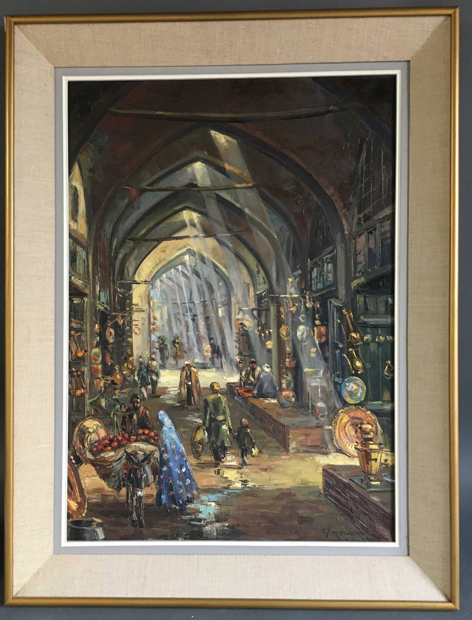 Arthur Sarkissian, Tehran Market Scene, 20th c.: Arthur Sarkissian (Armenian, b.1960). Tehran market scene. 20th century. Oil on canvas. Signed lower right. Signature obscured by frame. Frame: 33" x 25".