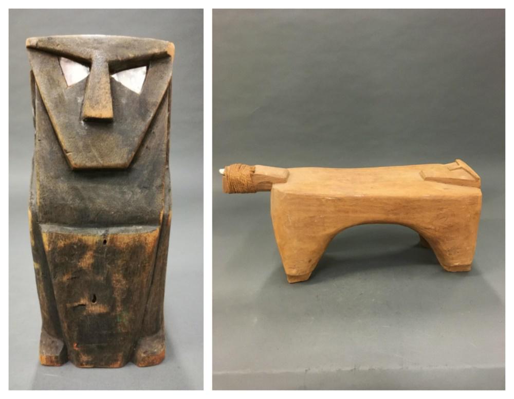 2 Polynesian Style Objects. 20th c.: A group of two Polynesian style objects. 20th century. ++ Janus figure. Wood and mother of pearl eyes. 11 1/2" x 5" x 5 1/2". Wear to nose and elbows. Hole in bottom. ++ Coconut grater. Wood, rope, sh