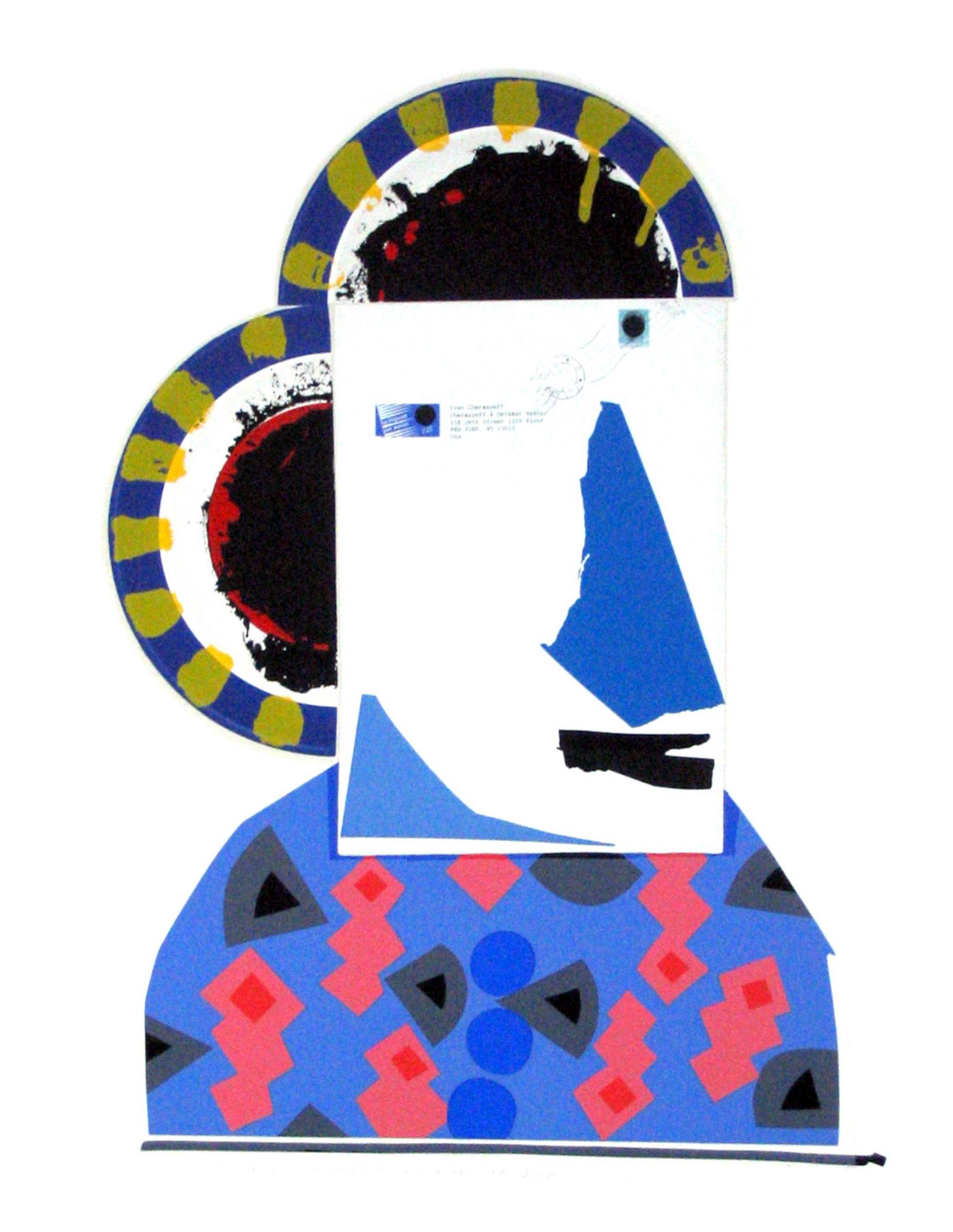 Ivan Chermayeff. Serigraphs. 6 Portraits. 1990.: Chermayeff, Ivan (American, 1932-2017). Six portraits. Serigraph with collage. (1) Hasidic Smoker. (2) Customs Inspector. (3) One Eyed Peasant. (4) The Smoker. (5) Innocent Japanese Person. (6) Geisha