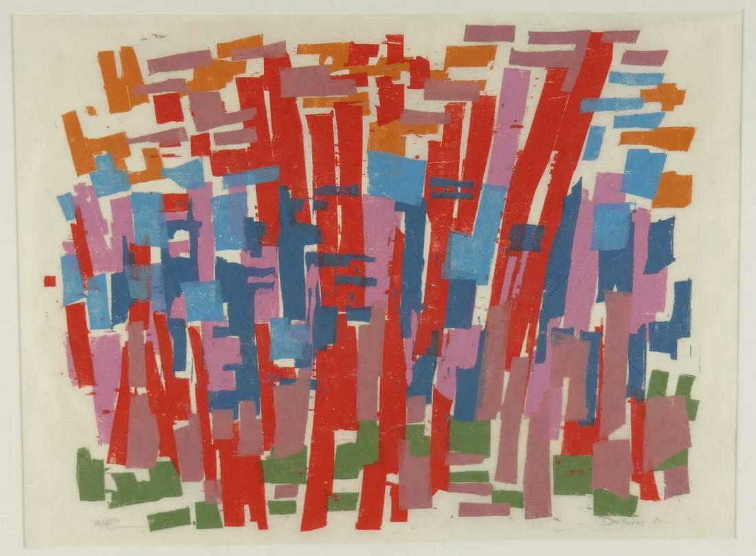 Werner Drewes. Vertical Predominance. 1967.: Drewes, Werner (American, 1899-1985). "Vertical Predominance." 1967. Woodcut in colors. Signed and dated l.r. Framed: 23 1/4 x 28". Rose 251._x000D_ Condition Very good plus. Evidence of creasing to v