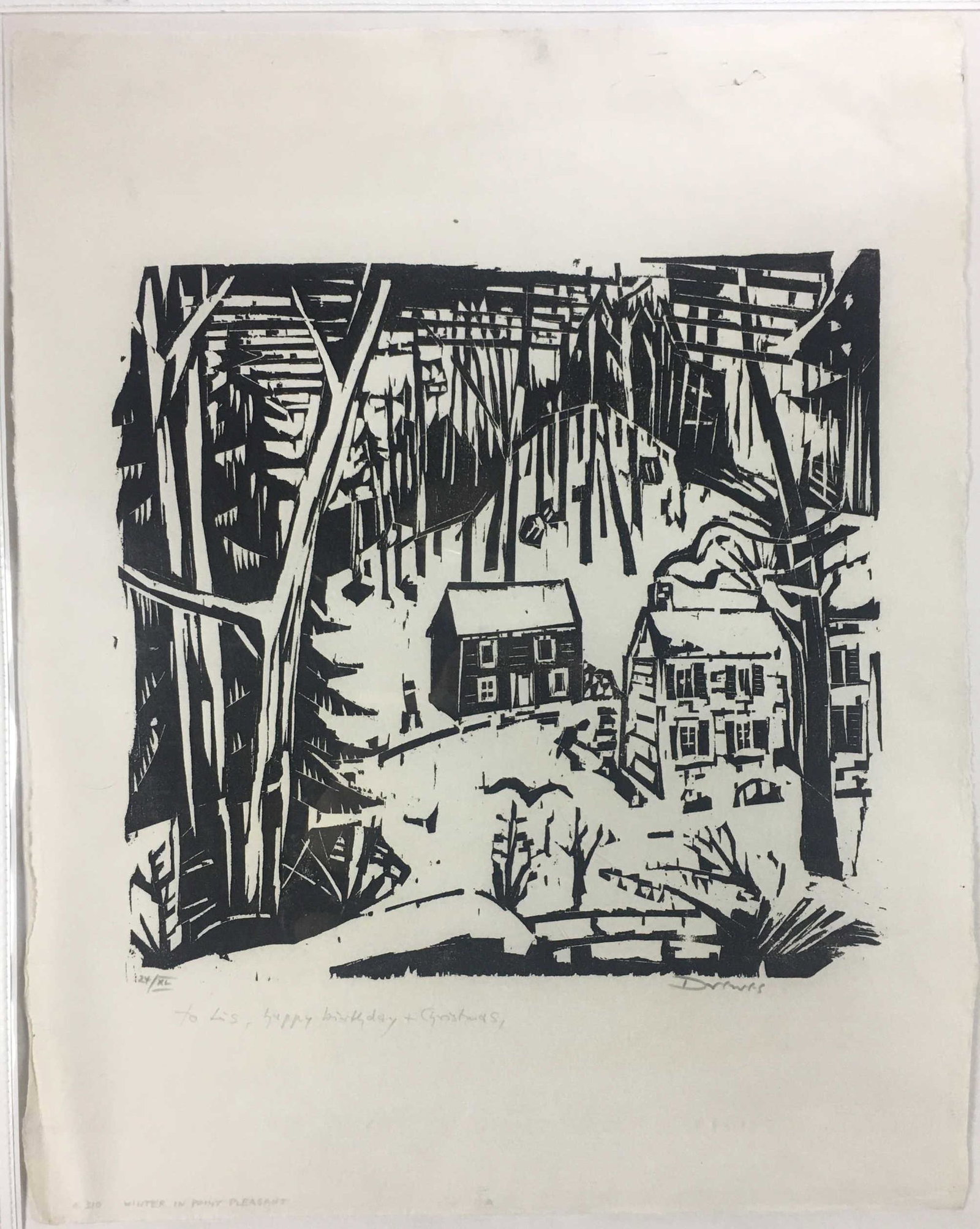 Drewes. Winter in Point Pleasant. 1971. Sgd/Inscr.: Drewes, Werner (American, 1899-1985). "Winter in Point Pleasant." 1971. Woodcut. Signed in pencil l.r., editioned and inscribed l.l. The inscription in pencil reads "To Lis, happy birthday + Christmas