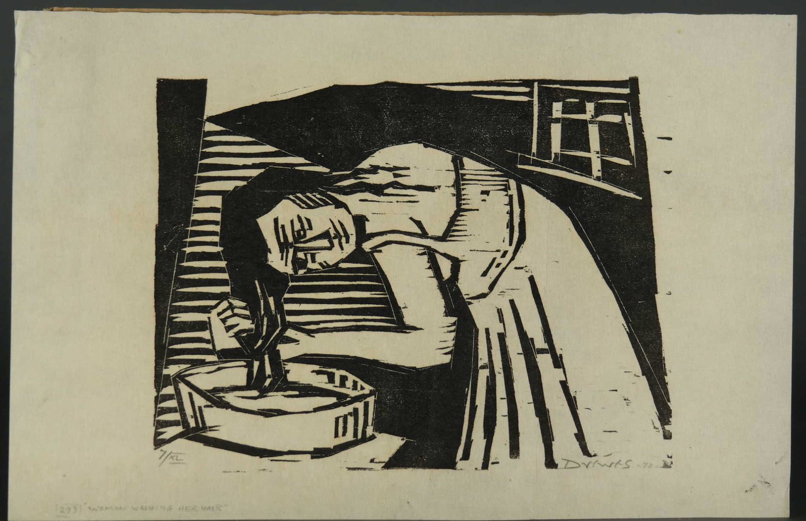 Drewes. Woodcut. Woman Washing Her Hair. 1970.: Drewes, Werner (American, 1899-1985). "Woman Washing Her Hair." 1970. Woodcut. Signed and dated in pencil l.r., editioned and titled l.l. Sheet: 11 3/4" x 18". Rose 282._x000D_ Condition Very good. To