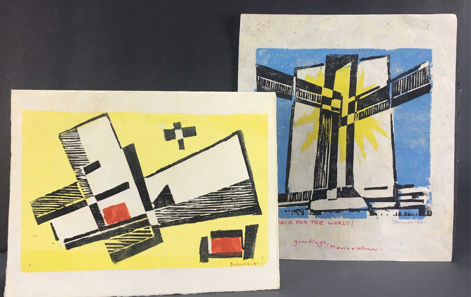 Werner Drewes. 8 Christmas/Greeting Cards. 1974-83: Drewes, Werner (American, 1899-1985). A collection of 8 Christmas/Greetings Cards, from 1974-1983. Woodcuts, some in color. Several on Japan paper. Each signed and dated in pencil. The card for 1975 i