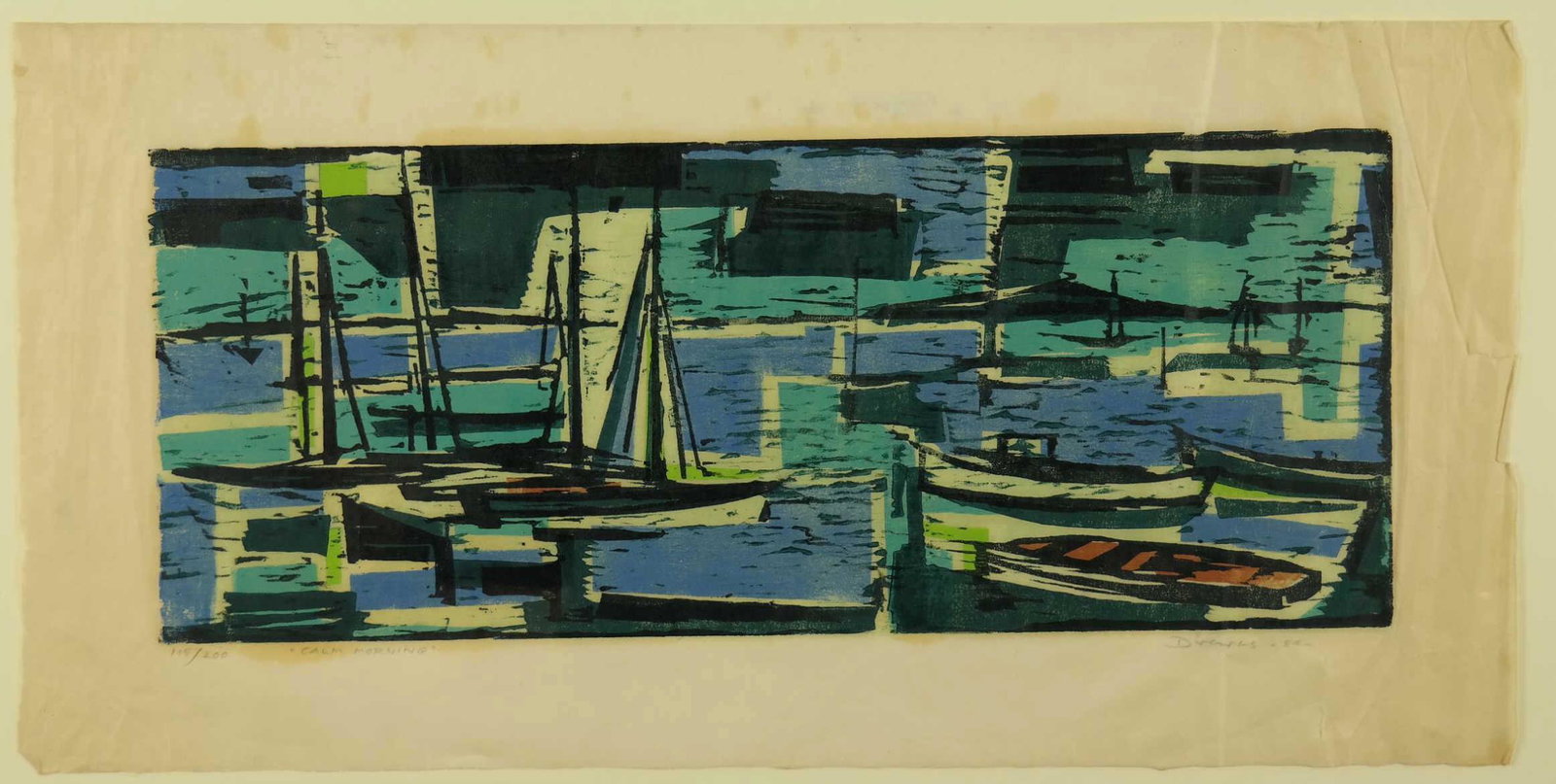 Drewes. Woodcut. Calm Morning. 1954.: Drewes, Werner (German-American, 1899-1986). "Calm Morning." 1954. Woodcut in colors on Japanese paper. Edition 115 of 200. Signed and dated in pencil l.r., titled l.c., editioned l.r. Image: 25" x 10