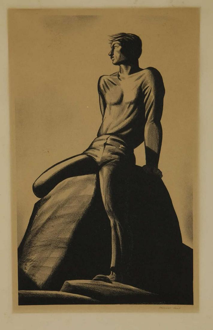 Rockwell Kent. Lithograph. Pinnacle. 1928.: Kent, Rockwell (American, 1882-1971). "Pinnacle." 1928. Lithograph. Edition of 100. Signed in pencil l.r. 11 7/8" x 7 1/4". Sheet: 16 7/8" x 11 3/8". Jones 20._x000D_ Condition Good plus. Image toned.