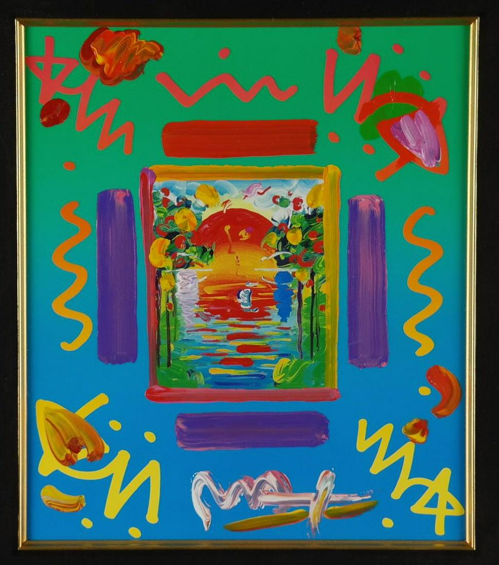 Peter Max. Better World. Print w. Acrylic. 2007.: Max, Peter (German-American, b. 1937). "Better World." 2007. Print with acrylic on paper. Signed in acrylic l.r. Image:13 1/2" x 11 1/2". Framed: 23 1/4" x 21 1/4"._x000D_ Condition Under glass, not e