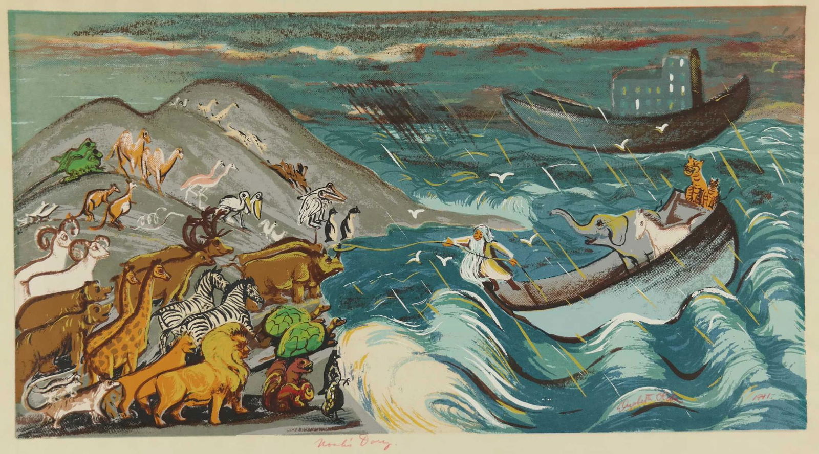 Elizabeth Olds. Serigraph. Noah's Dory. 1941.: Olds, Elizabeth (American, 1896-1991). Noah's Dory. 1941. Serigraph on wove paper. Signed and dated in red artist's pencil l.r., titled l.c. Sheet: 27 3/4" x 16 1/4"._x000D_ Condition Very good +. som